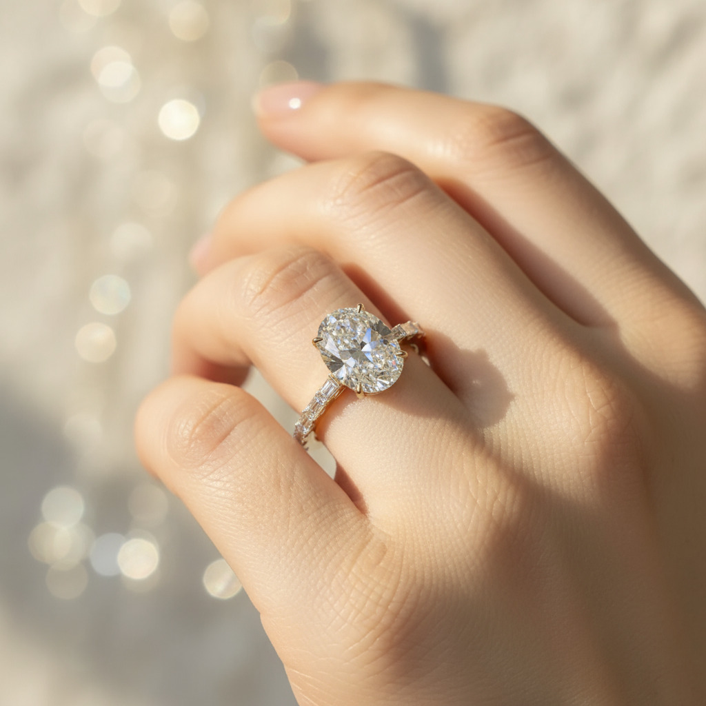 4.2ct Oval Cut Vvs Moissanite With Baguette Pave Engagement Ring Iced Out - Image 4