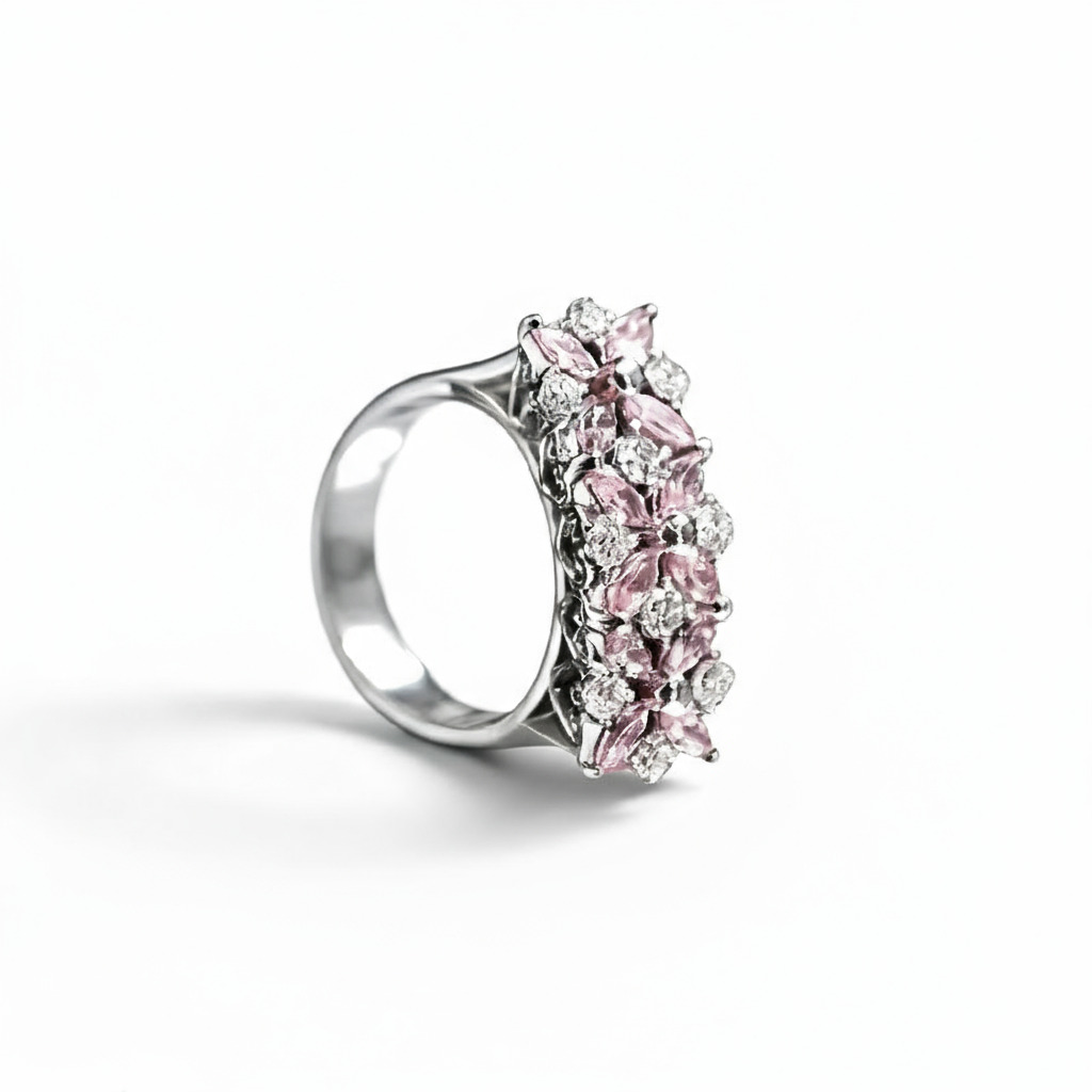 S925 Silver Pink Marquise And Round Diamond Engagement Ring Iced Out