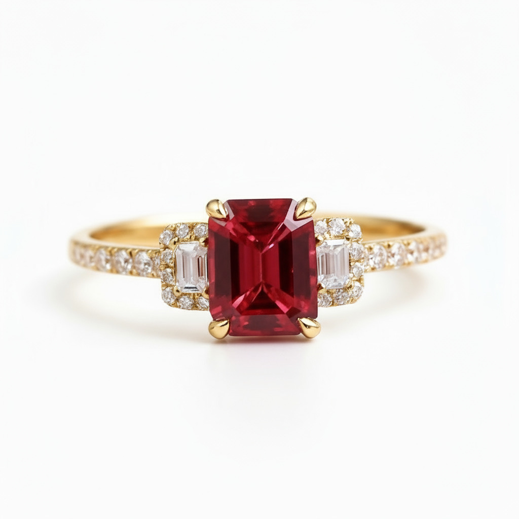 Bold S925 Silver Emerald Cut Natural Ruby Three-stone Engagement Ring - Image 3