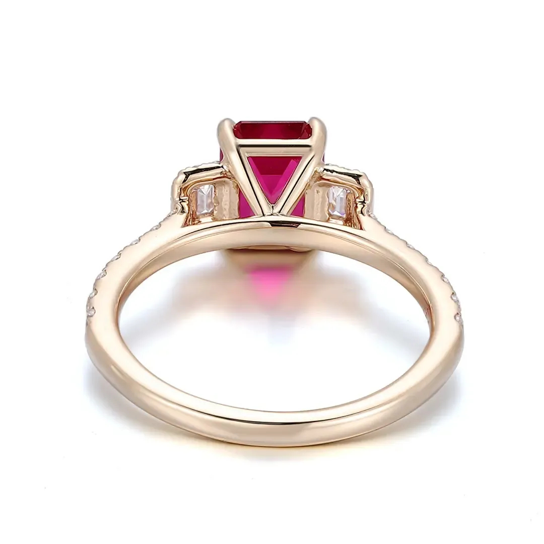 Bold S925 Silver Emerald Cut Natural Ruby Three-stone Engagement Ring - Image 5