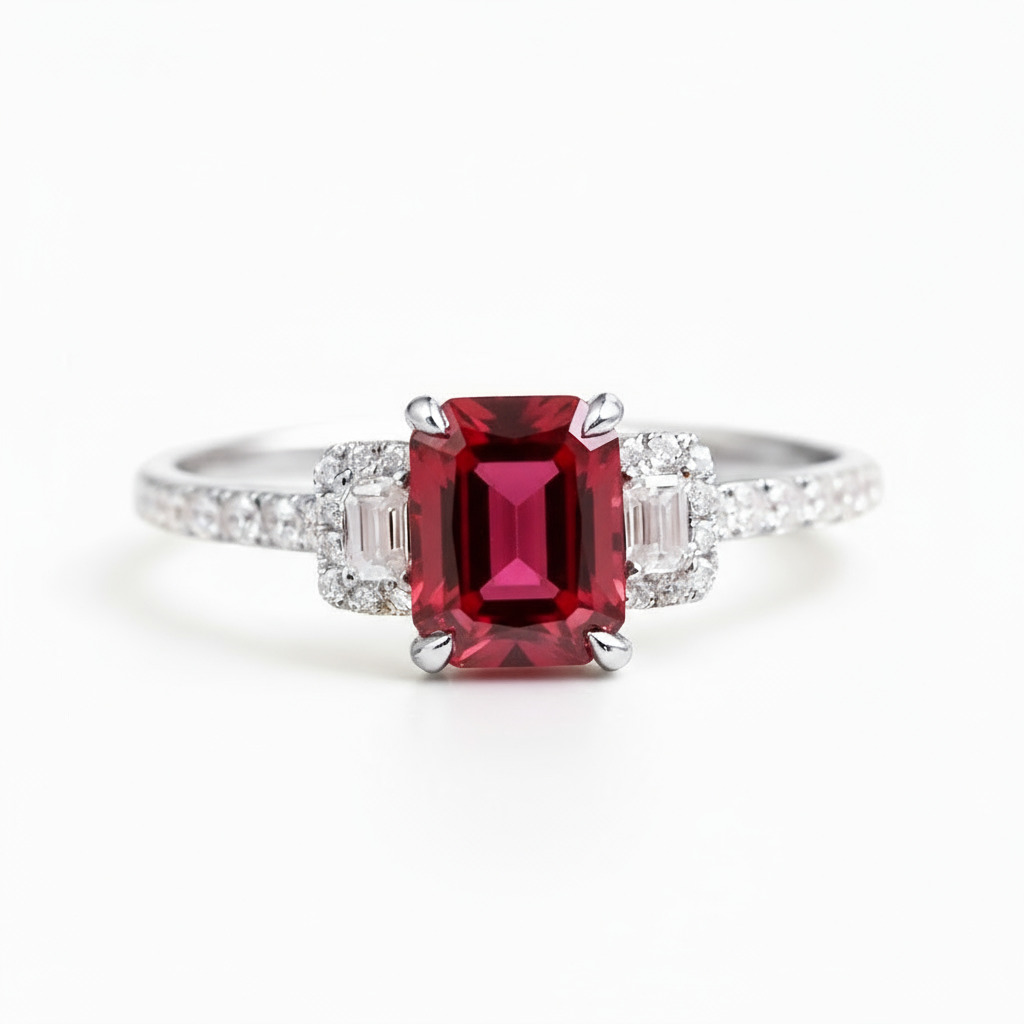 Bold S925 Silver Emerald Cut Natural Ruby Three-stone Engagement Ring - Image 7