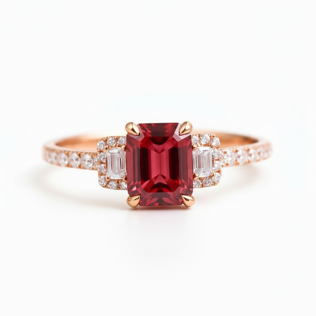Bold S925 Silver Emerald Cut Natural Ruby Three-stone Engagement Ring