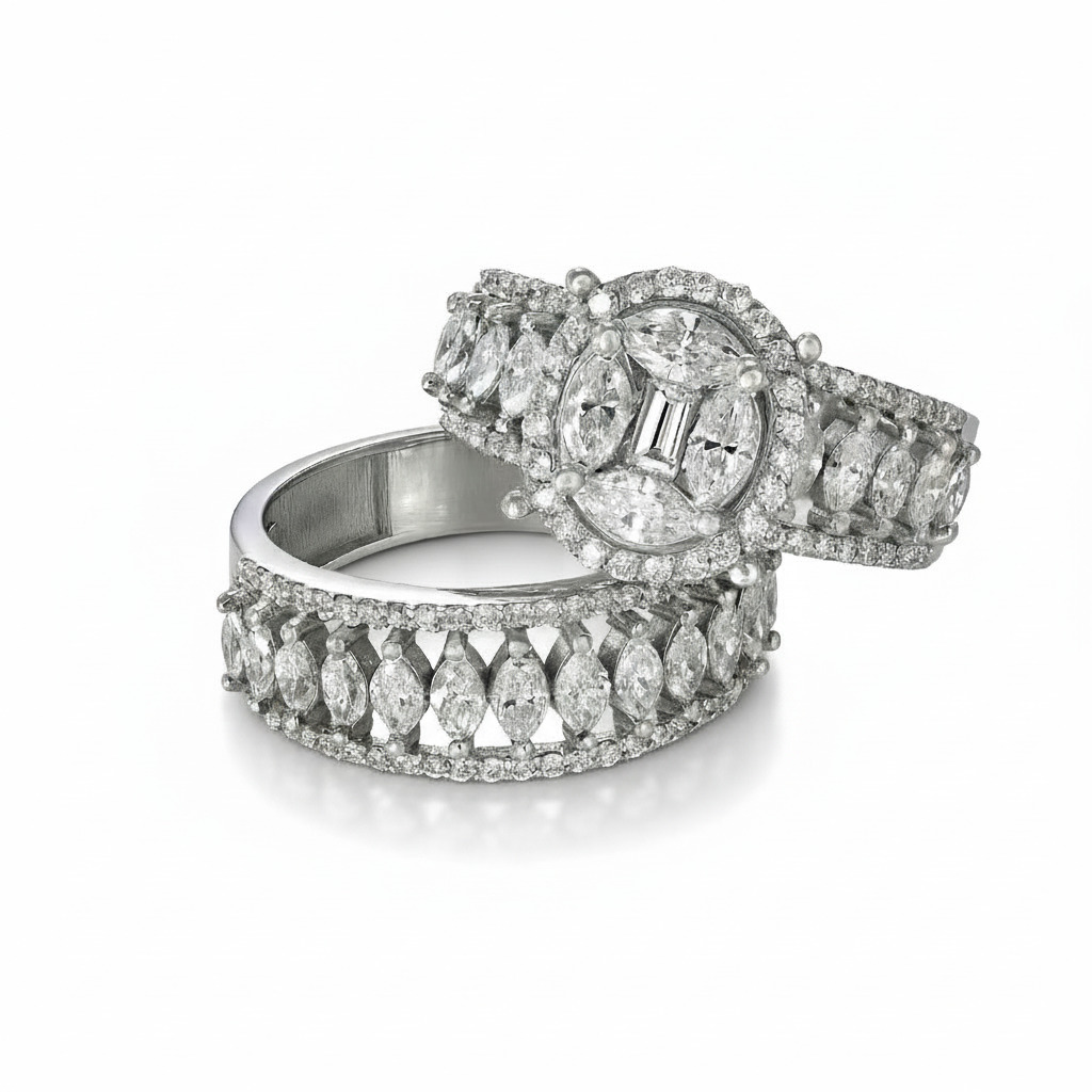 Marquise & Emerald Cut Vvs Moissanite Pave Engagement Ring Set Iced Out