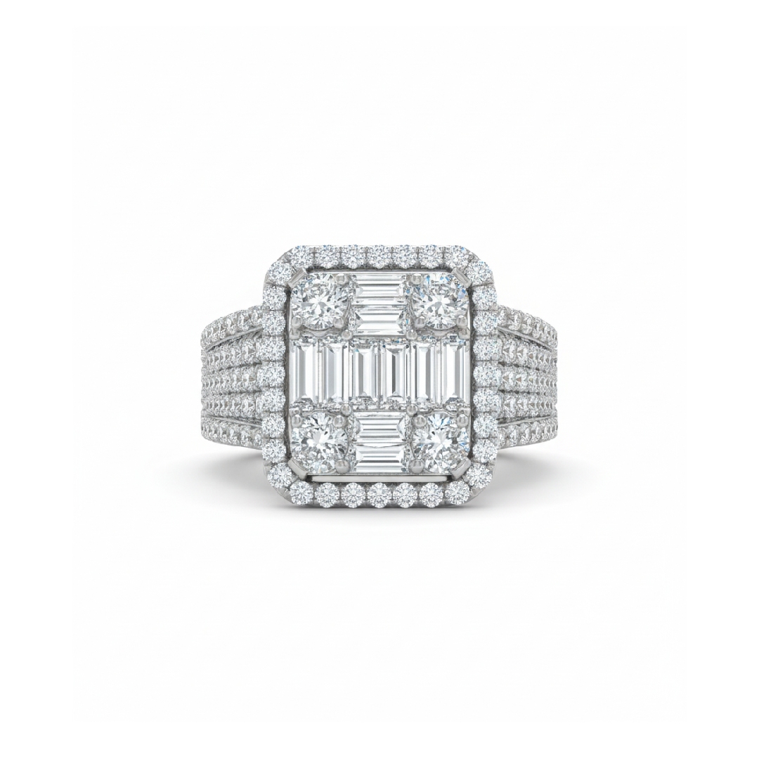 Baguette & Round Cut Vvs Moissanite Pave Engagement Ring Iced Out