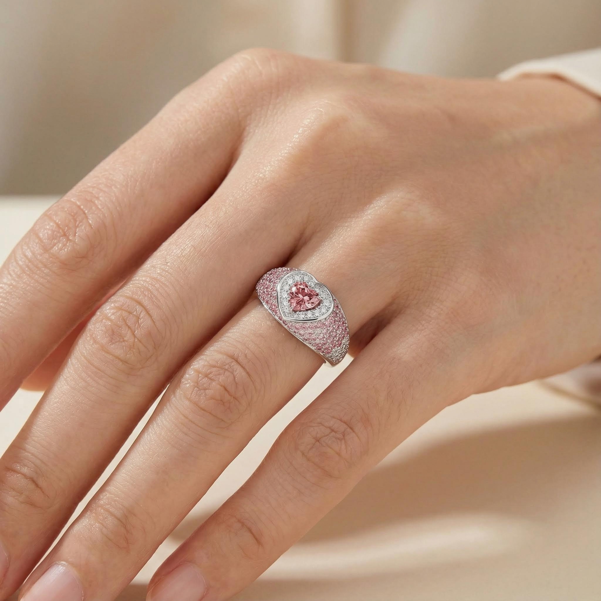 Bold 2.73ct. Tw. S925 Silver Heart Cut Pink Diamond Pave Engagement Ring - Image 4