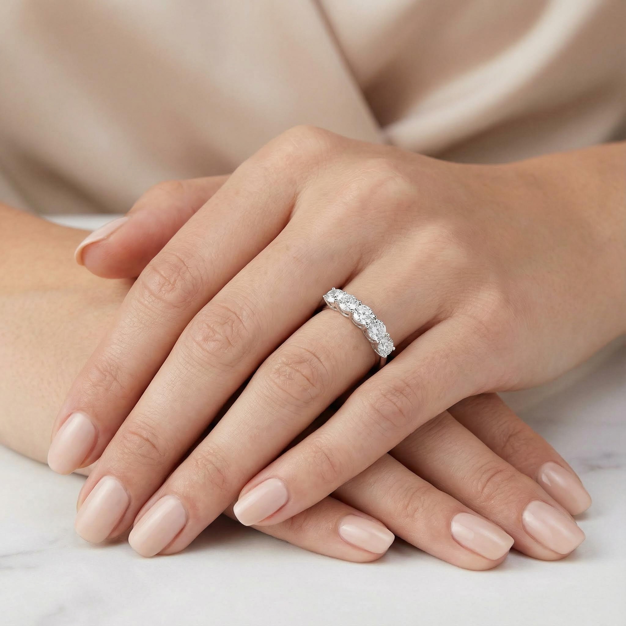 Bold 5mm/6.5mm Five Stone Round Cut Vvs Moissanite S925 Silver Wedding Band - Image 3
