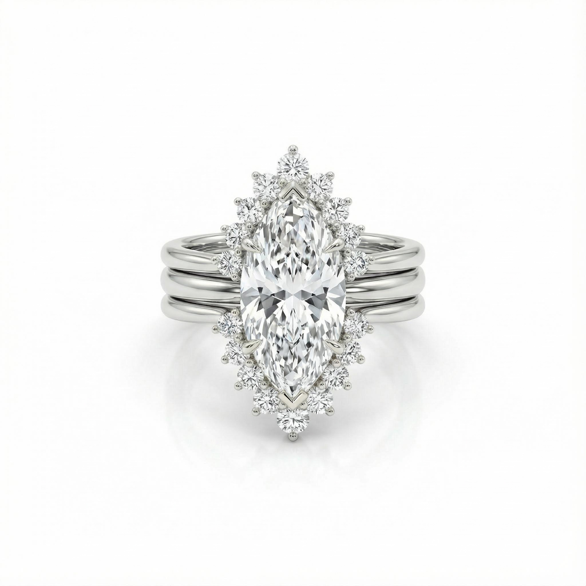 Marquise Cut Vvs Moissanite Halo Engagement Ring Set Iced Out - Image 3