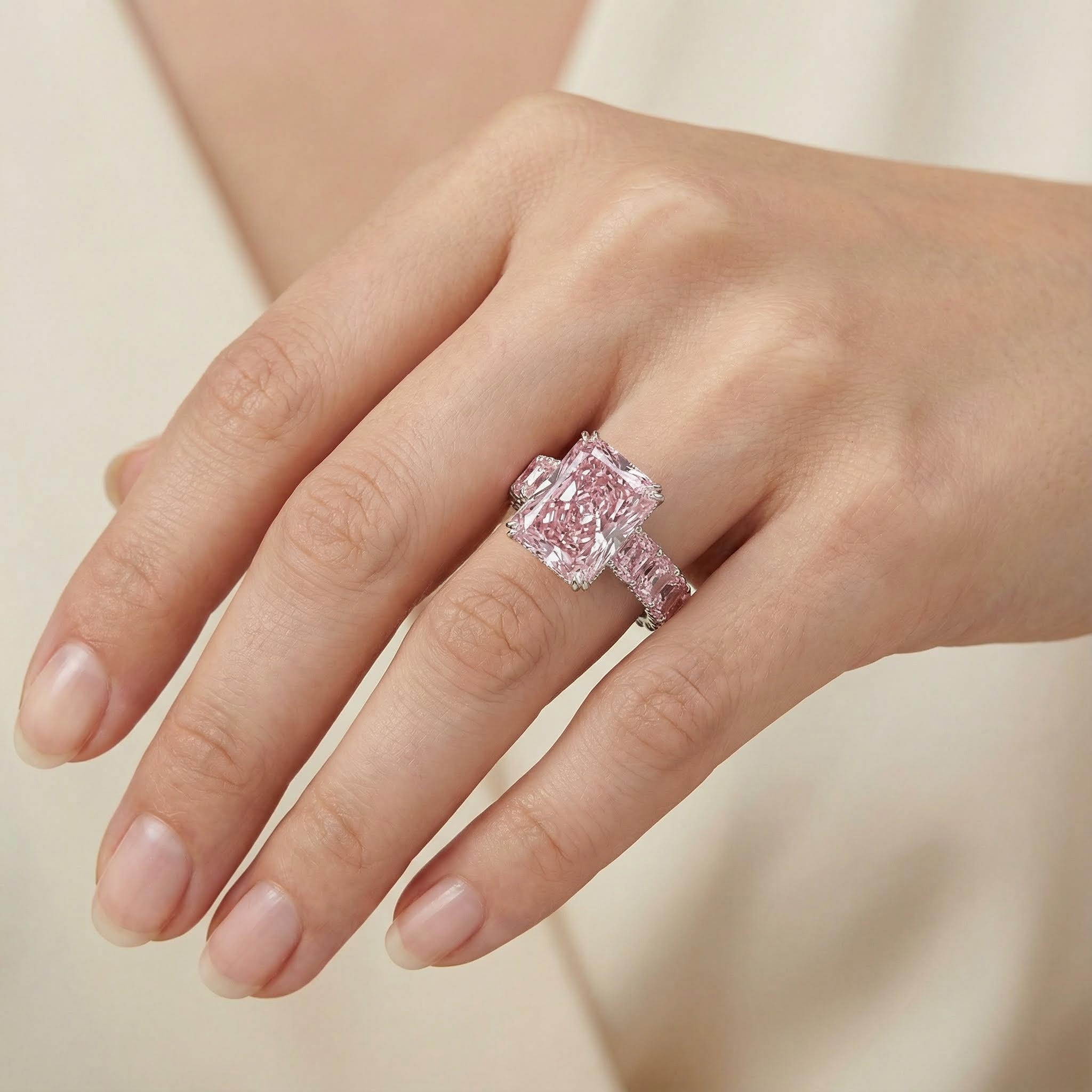 Bold 28.96ct. Tw. S925 Silver Pink Radiant Cut Pave Halo Engagement Ring - Image 3