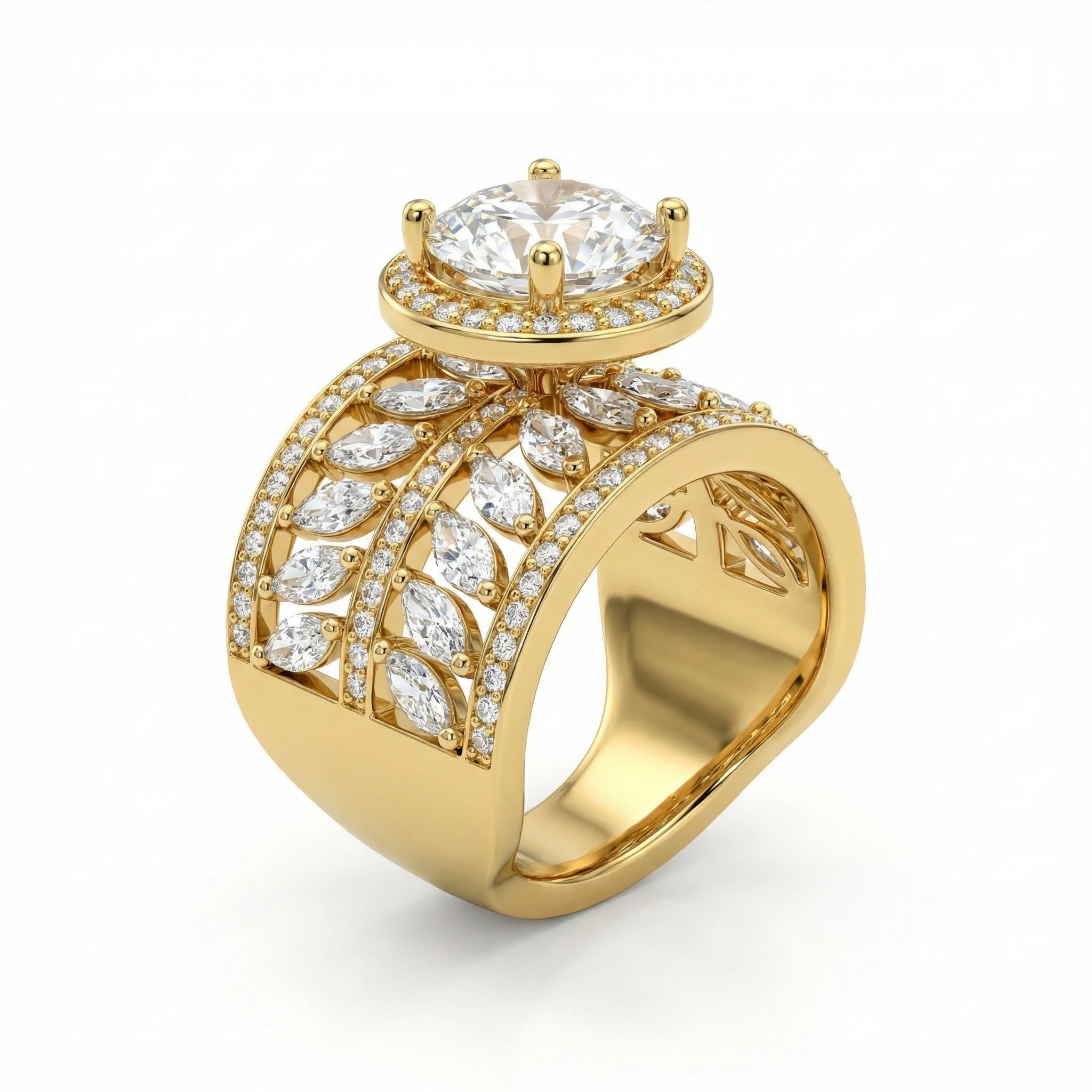 7.85ct. Tw. Halo & Paved Band Round&marquise Cut Vvs Moissanite S925 Silver