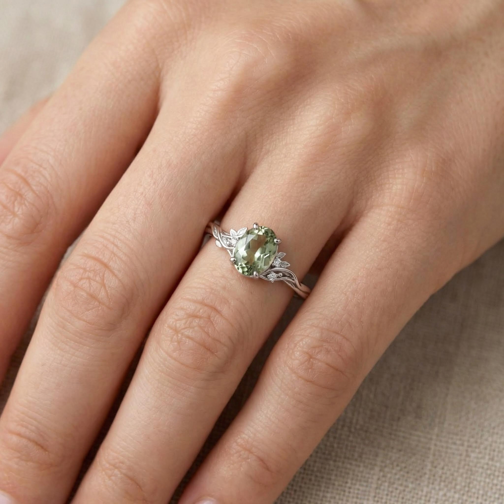 2.05ct. Tw. Vine & Leaf Motif Green Oval Cut S925 Silver Engagement Ring - Image 6
