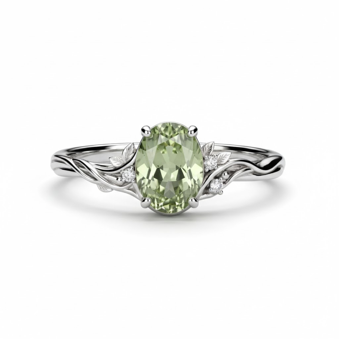2.05ct. Tw. Vine & Leaf Motif Green Oval Cut S925 Silver Engagement Ring