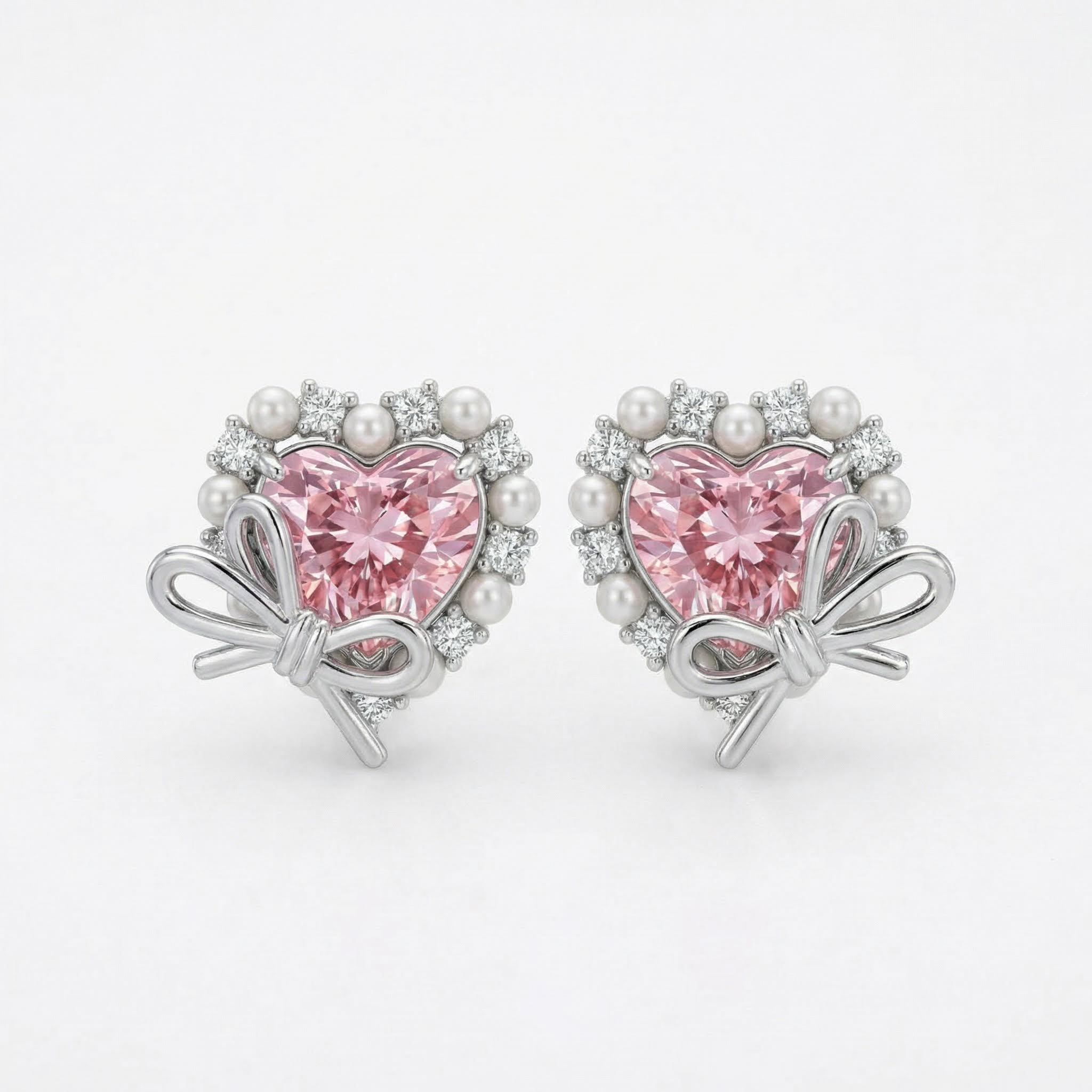 Bold 2.9ct. Tw. Pink Heart Cut With Bowtie Pearl S925 Silver Earrings - Image 3