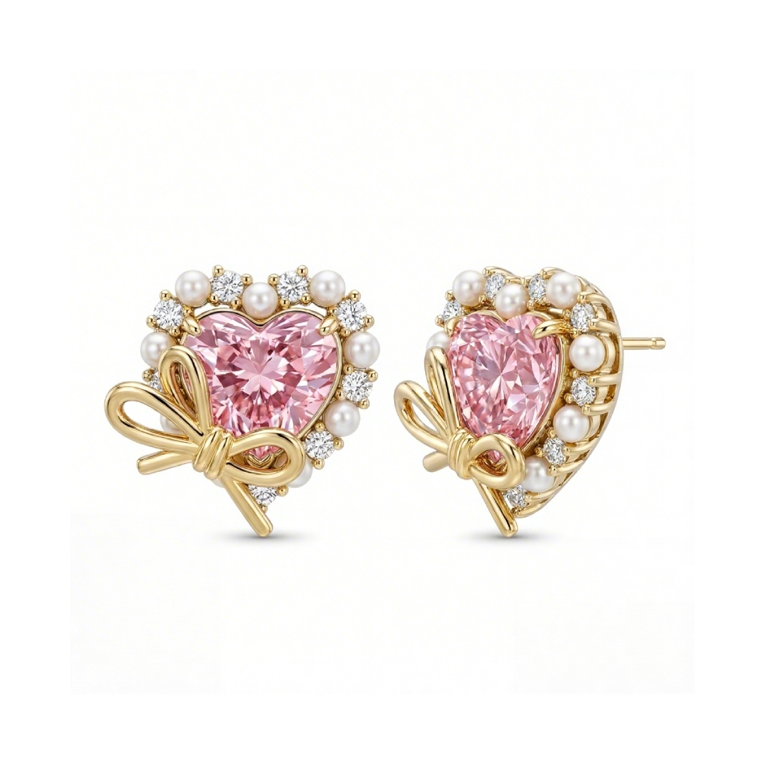 Bold 2.9ct. Tw. Pink Heart Cut With Bowtie Pearl S925 Silver Earrings - Image 4