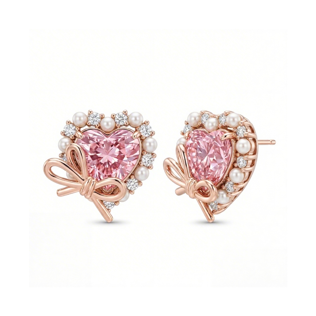 Bold 2.9ct. Tw. Pink Heart Cut With Bowtie Pearl S925 Silver Earrings - Image 5