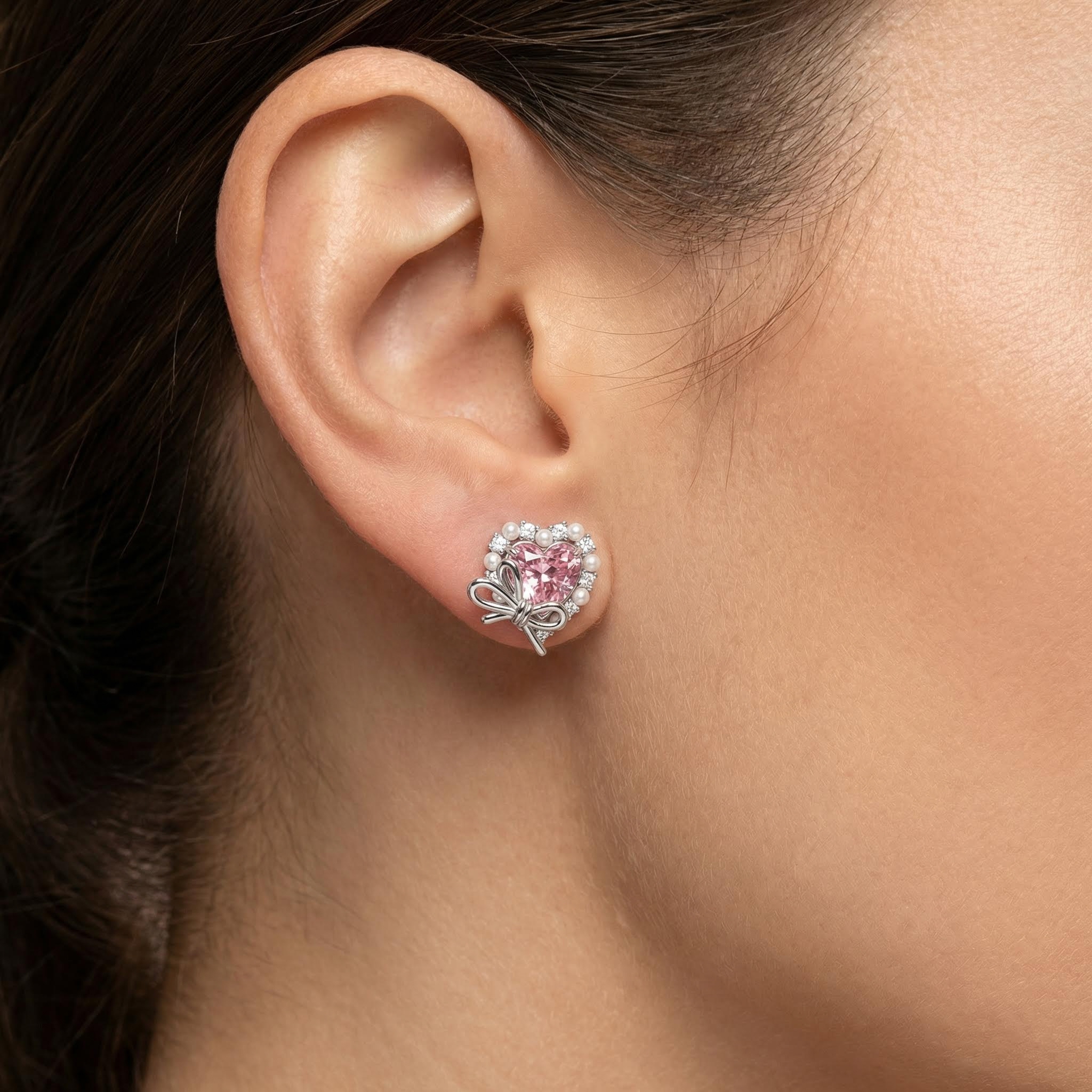 Bold 2.9ct. Tw. Pink Heart Cut With Bowtie Pearl S925 Silver Earrings - Image 6