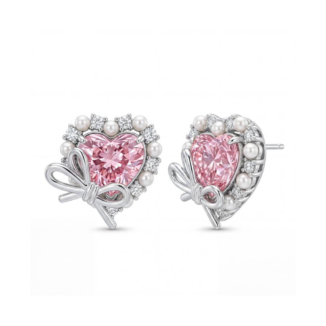Bold 2.9ct. Tw. Pink Heart Cut With Bowtie Pearl S925 Silver Earrings