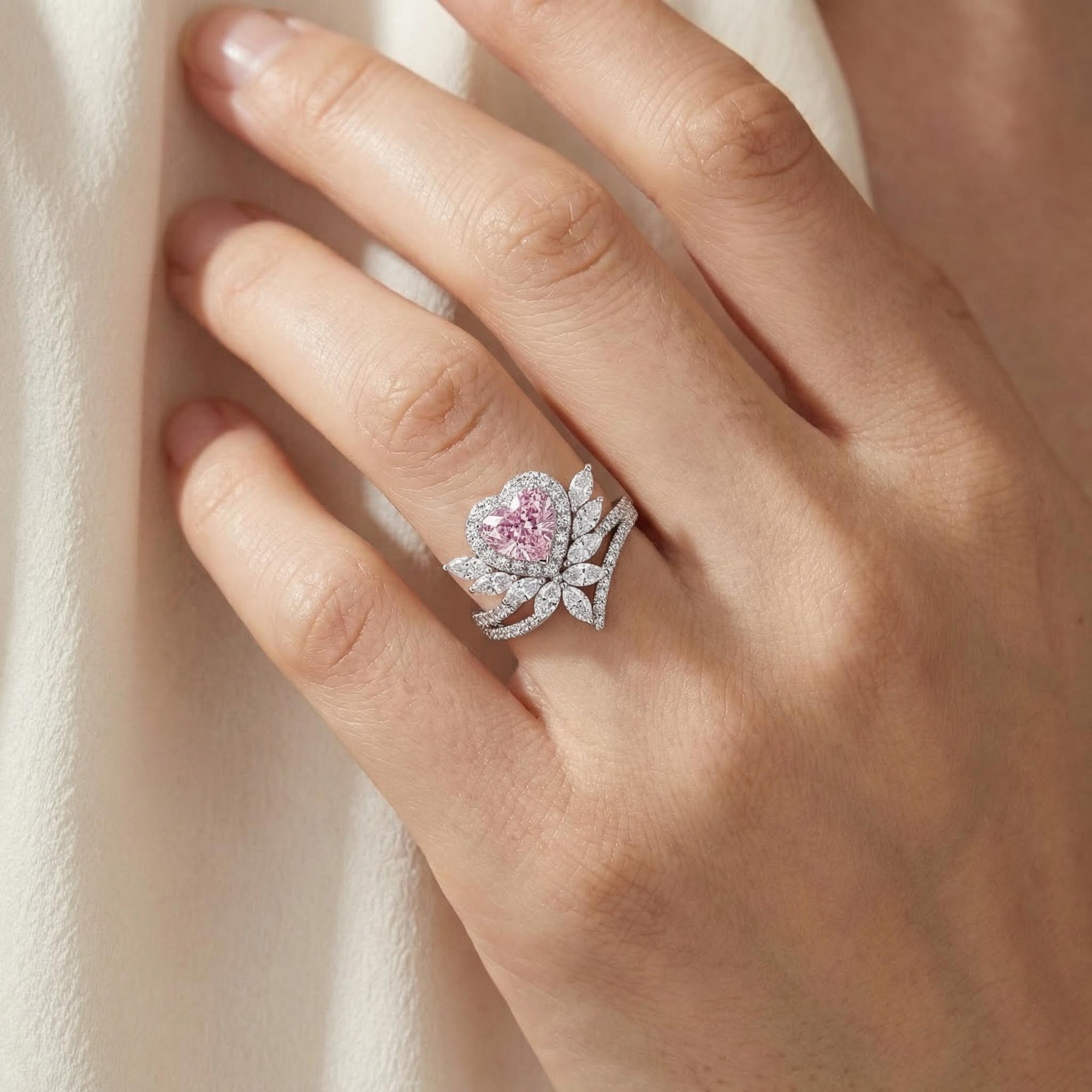 3.2ct. Tw. Floral Pink Heart Cut Halo S925 Silver Engagement Ring Iced Out - Image 3