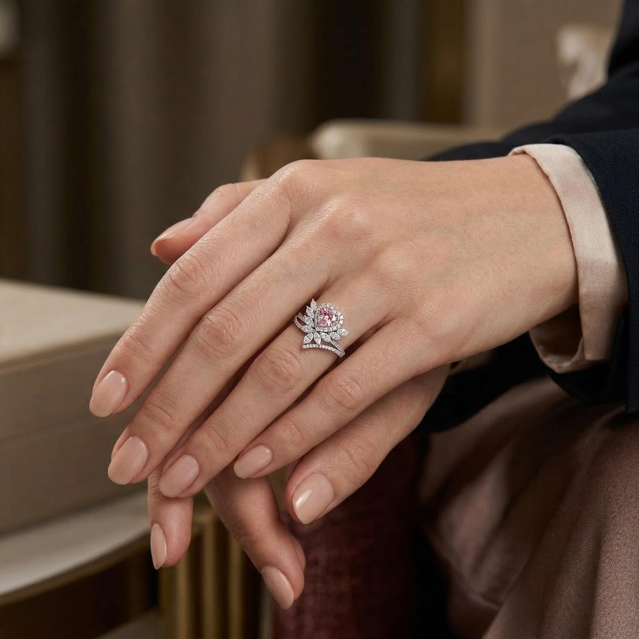 3.2ct. Tw. Floral Pink Heart Cut Halo S925 Silver Engagement Ring Iced Out - Image 7