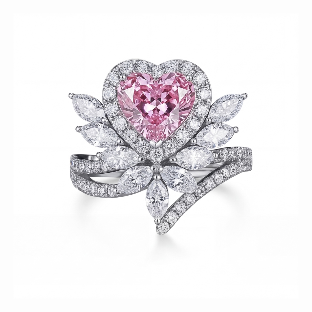 3.2ct. Tw. Floral Pink Heart Cut Halo S925 Silver Engagement Ring Iced Out