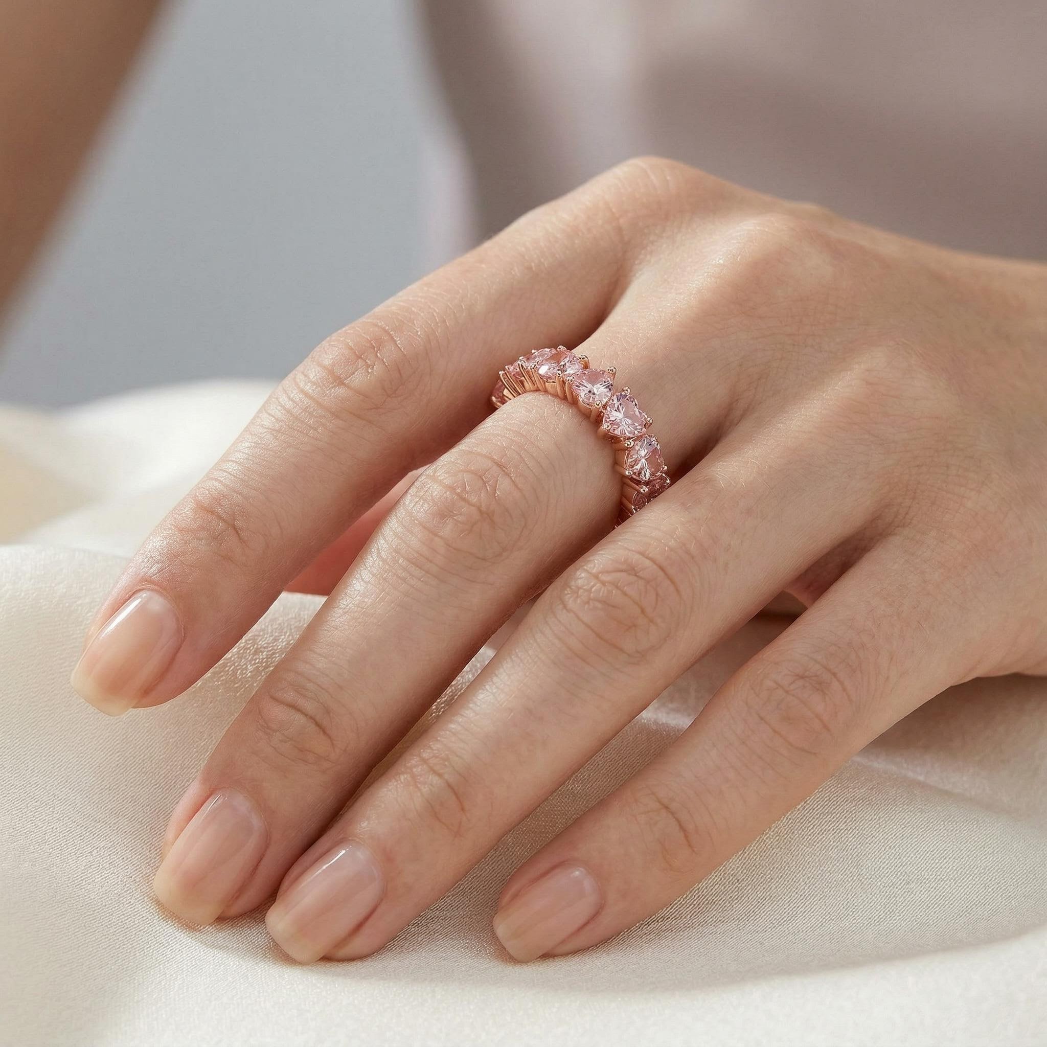 11.2ct. Tw. Pink Heart Cut S925 Silver Women's Eternity Band Ring - Image 3