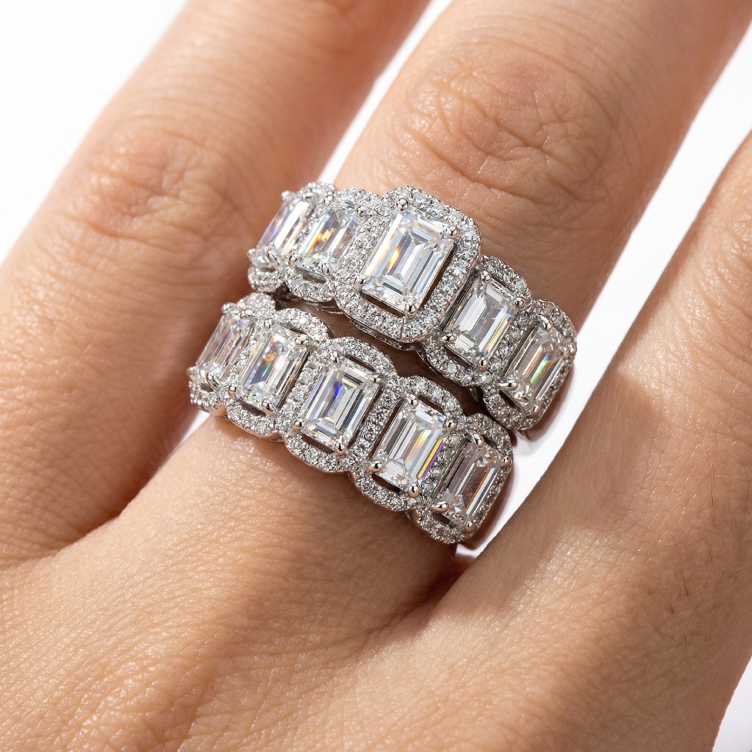 7.95ct. Tw. Halo & Eternity Stackable Emerald Cut S925 Silver Bridal Sets - Image 3