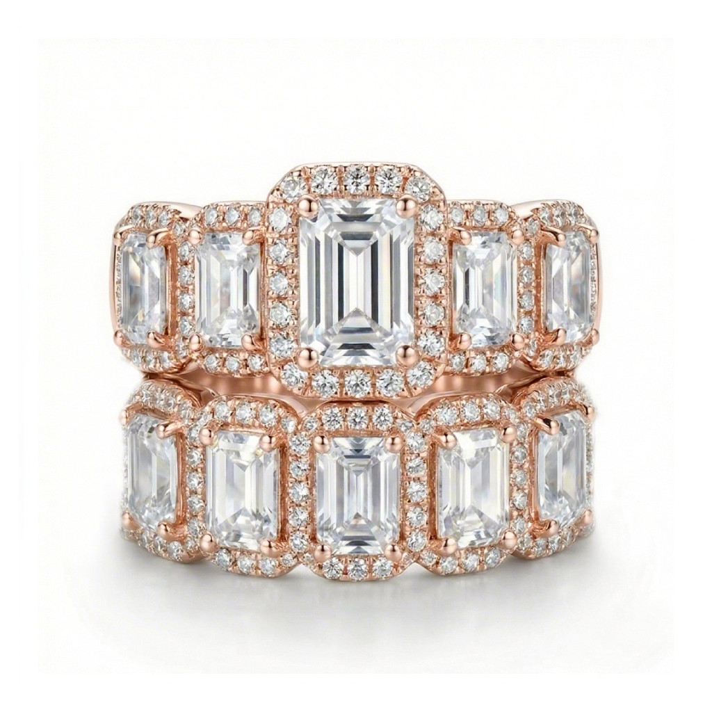 7.95ct. Tw. Halo & Eternity Stackable Emerald Cut S925 Silver Bridal Sets - Image 7