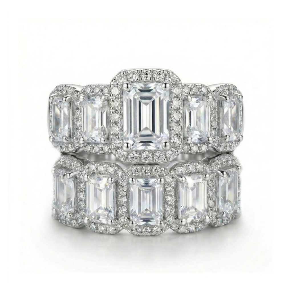 7.95ct. Tw. Halo & Eternity Stackable Emerald Cut S925 Silver Bridal Sets