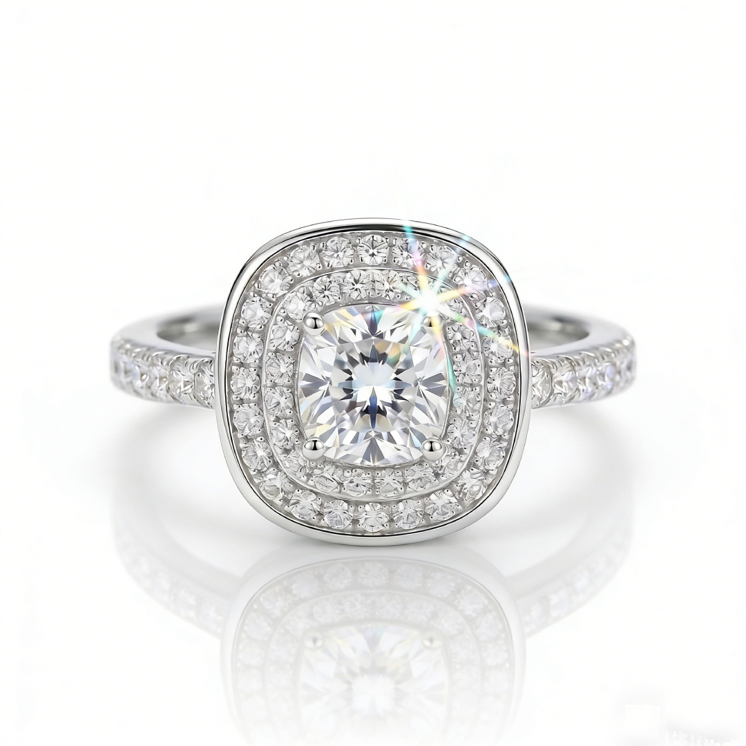1.85ct. Tw. Double Halo Cushion Cut Vvs Moissanite S925 Silver Engagement