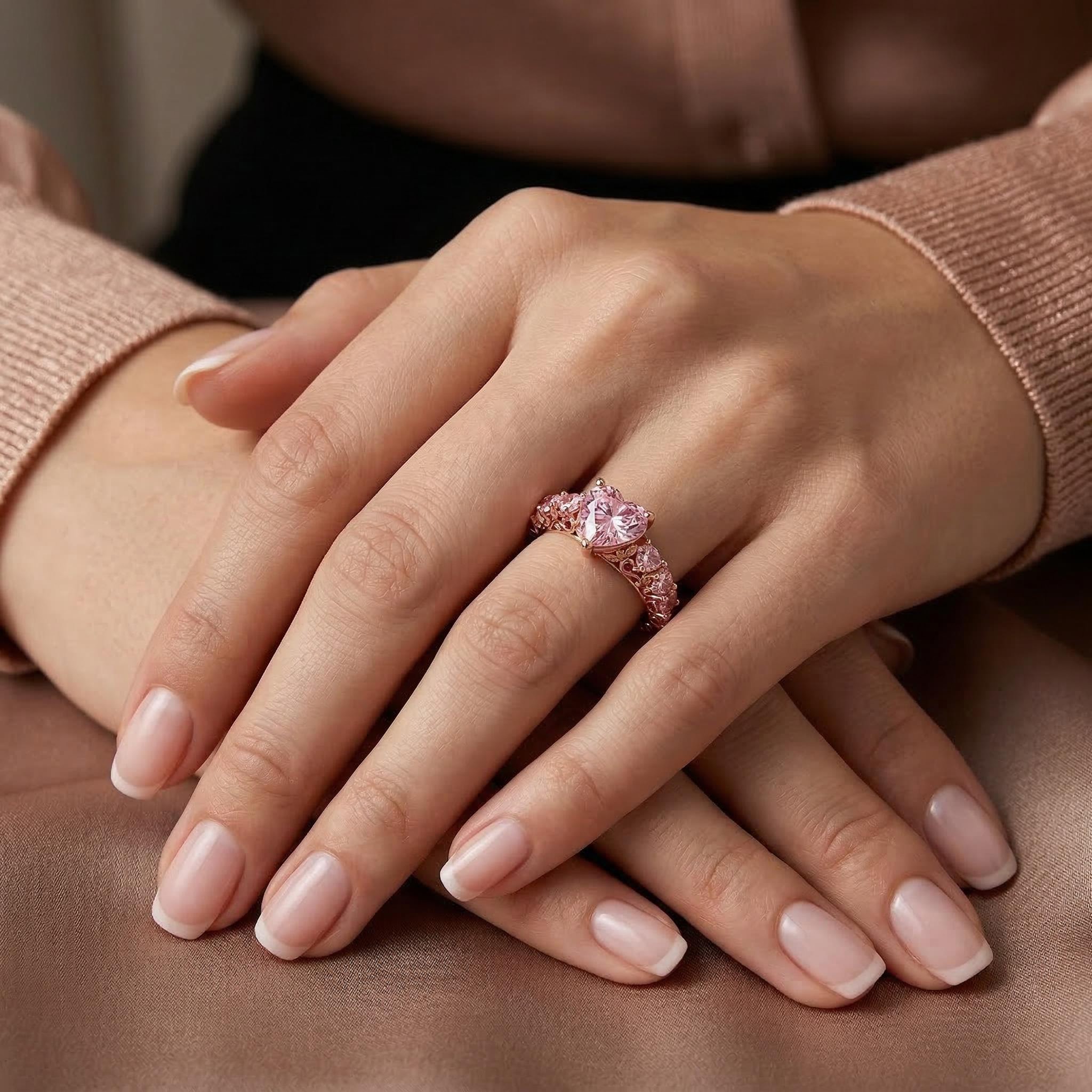 Bold 7.6ct. Tw. Natural-inspired Pink Heart Cut S925 Silver Engagement Ring - Image 3