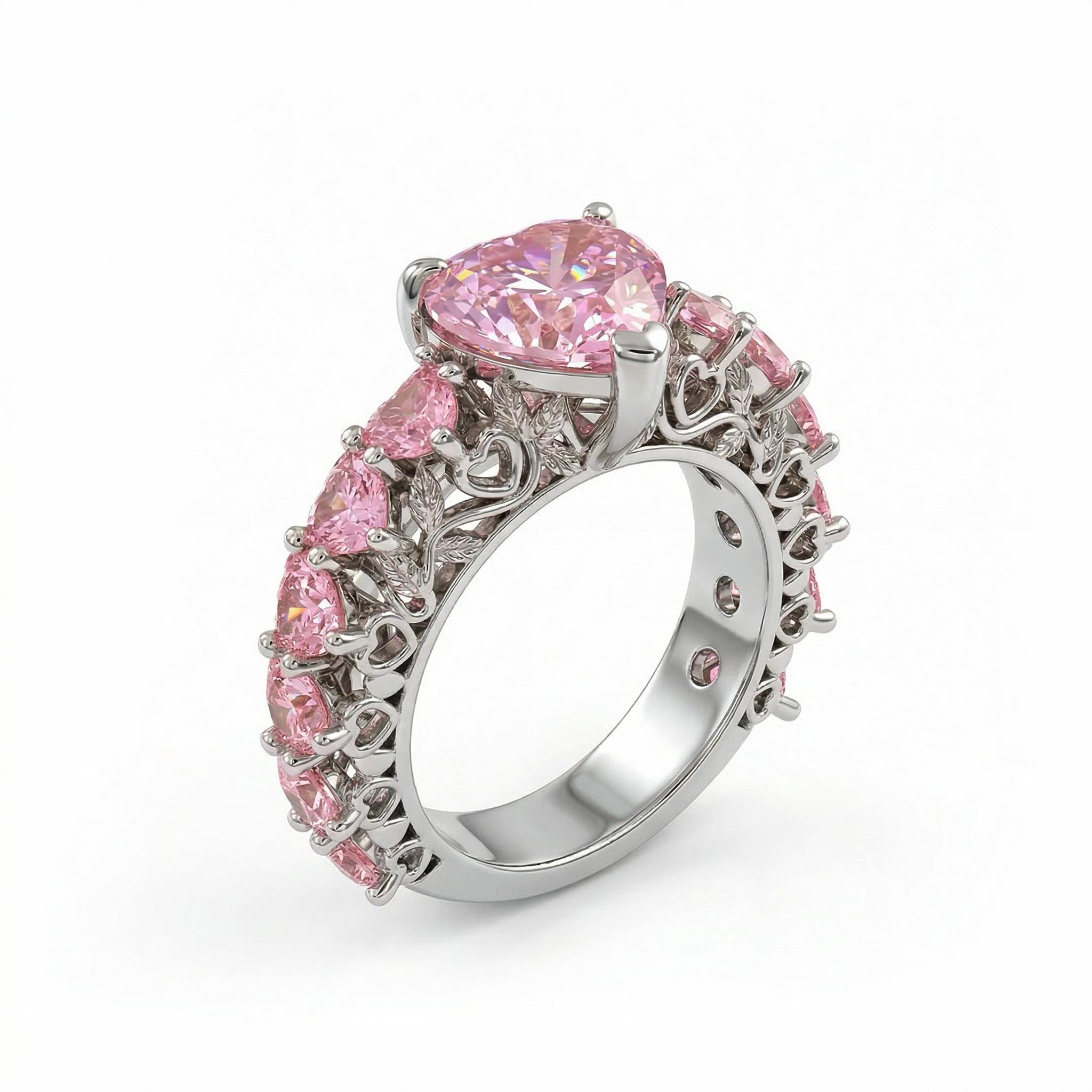 Bold 7.6ct. Tw. Natural-inspired Pink Heart Cut S925 Silver Engagement Ring - Image 7