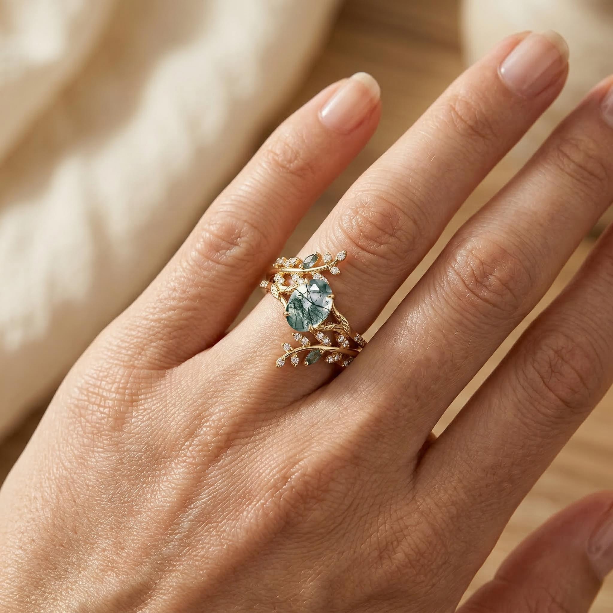 Nature-inspired Moss Agate Oval Cut S925 Silver Wedding Set Ring - Image 3