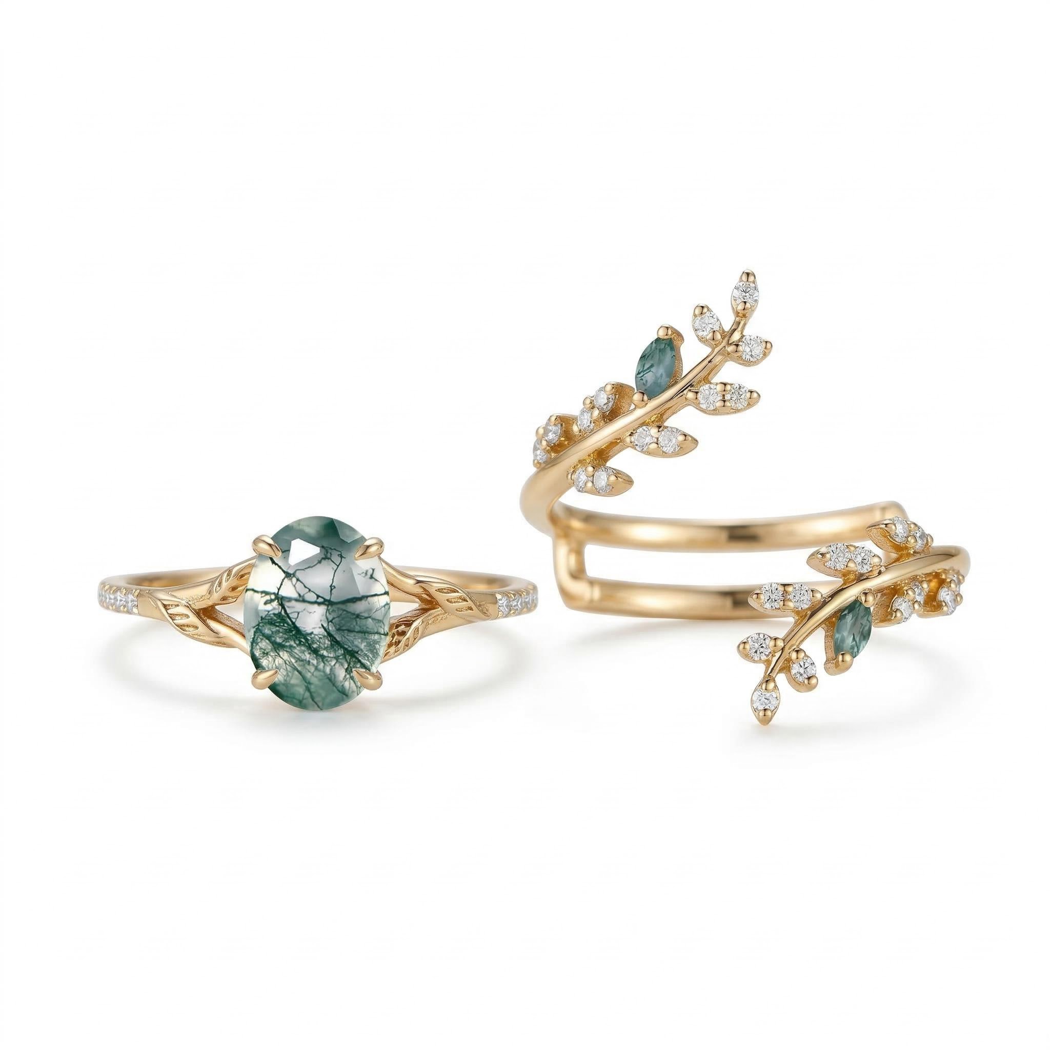 Nature-inspired Moss Agate Oval Cut S925 Silver Wedding Set Ring - Image 4