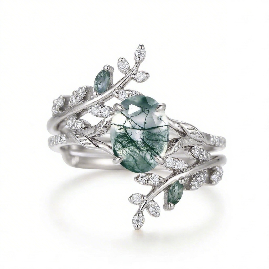 Nature-inspired Moss Agate Oval Cut S925 Silver Wedding Set Ring - Image 5