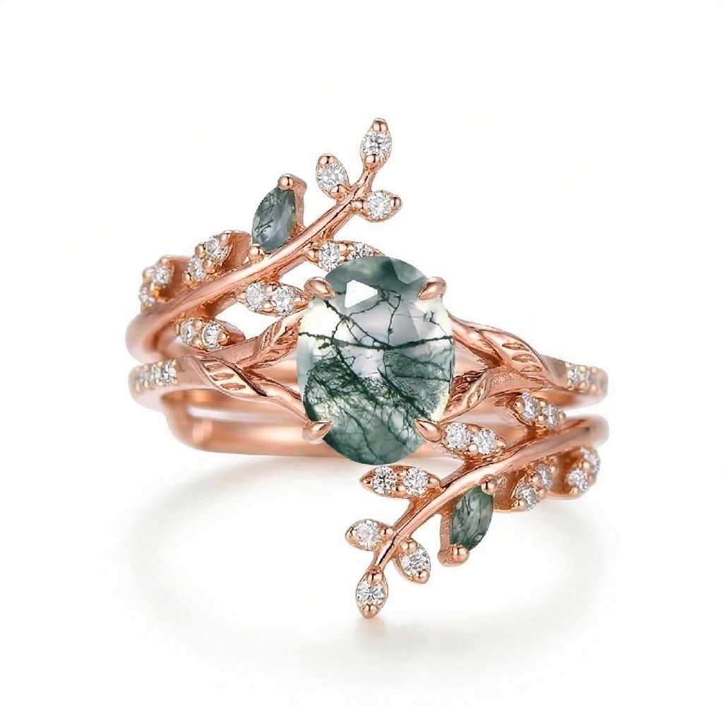 Nature-inspired Moss Agate Oval Cut S925 Silver Wedding Set Ring - Image 6