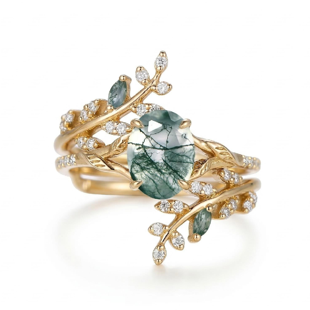 Nature-inspired Moss Agate Oval Cut S925 Silver Wedding Set Ring