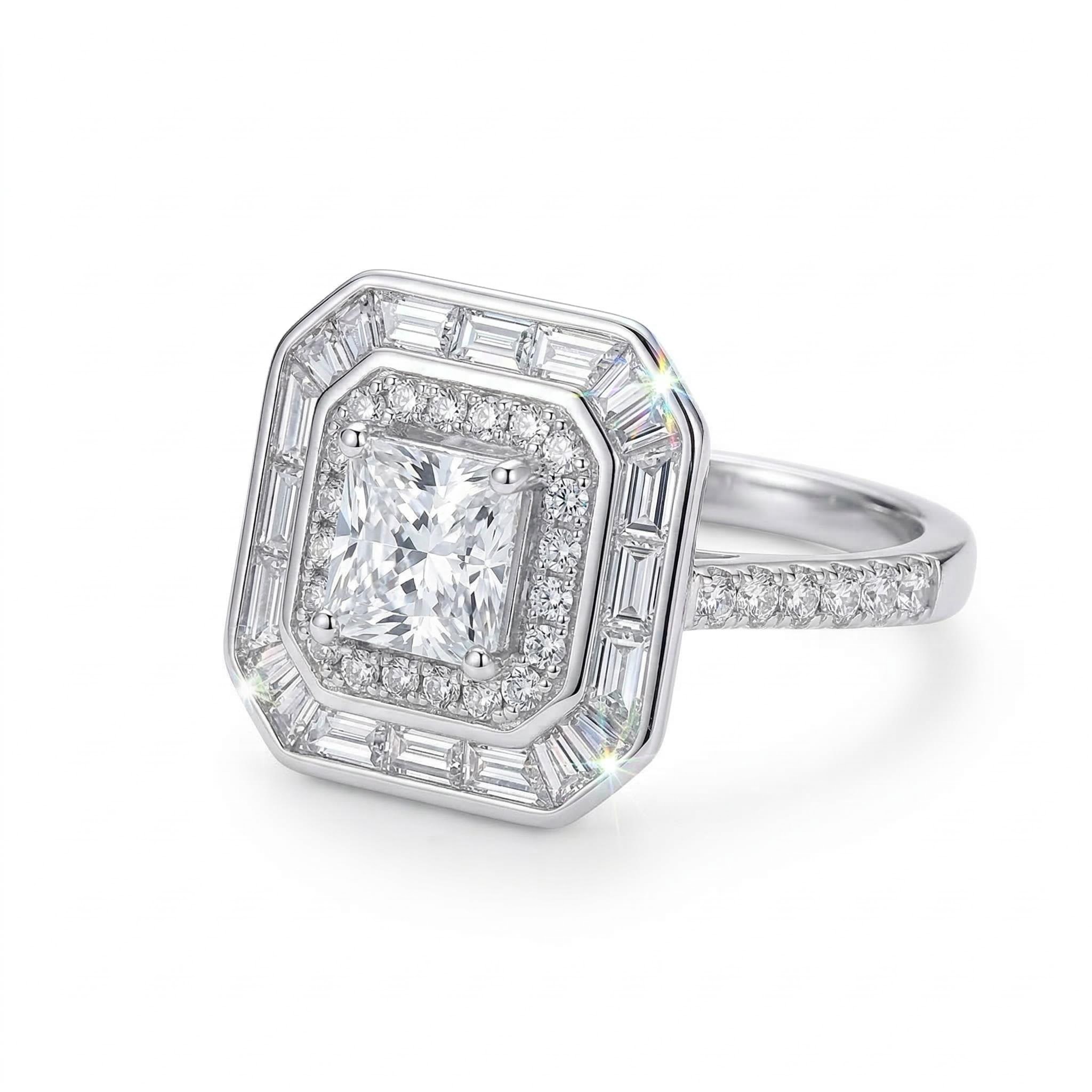 4.8ct. Tw. Double Halo Princess Cut S925 Silver Engagement Ring Moissanite