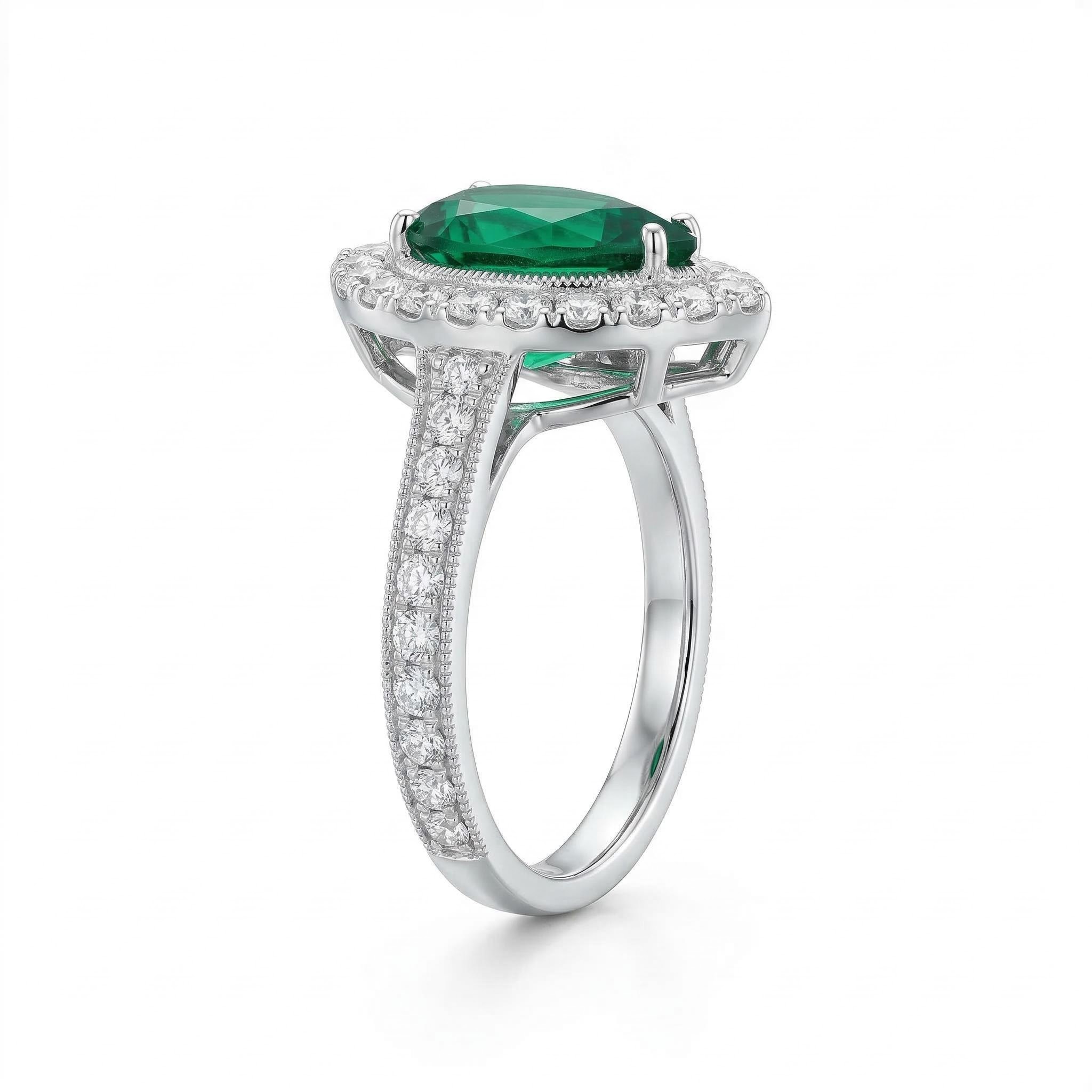 3.6ct. Tw. Vintage Halo Green Emerald Pear Cut S925 Silver Engagement Ring - Image 3