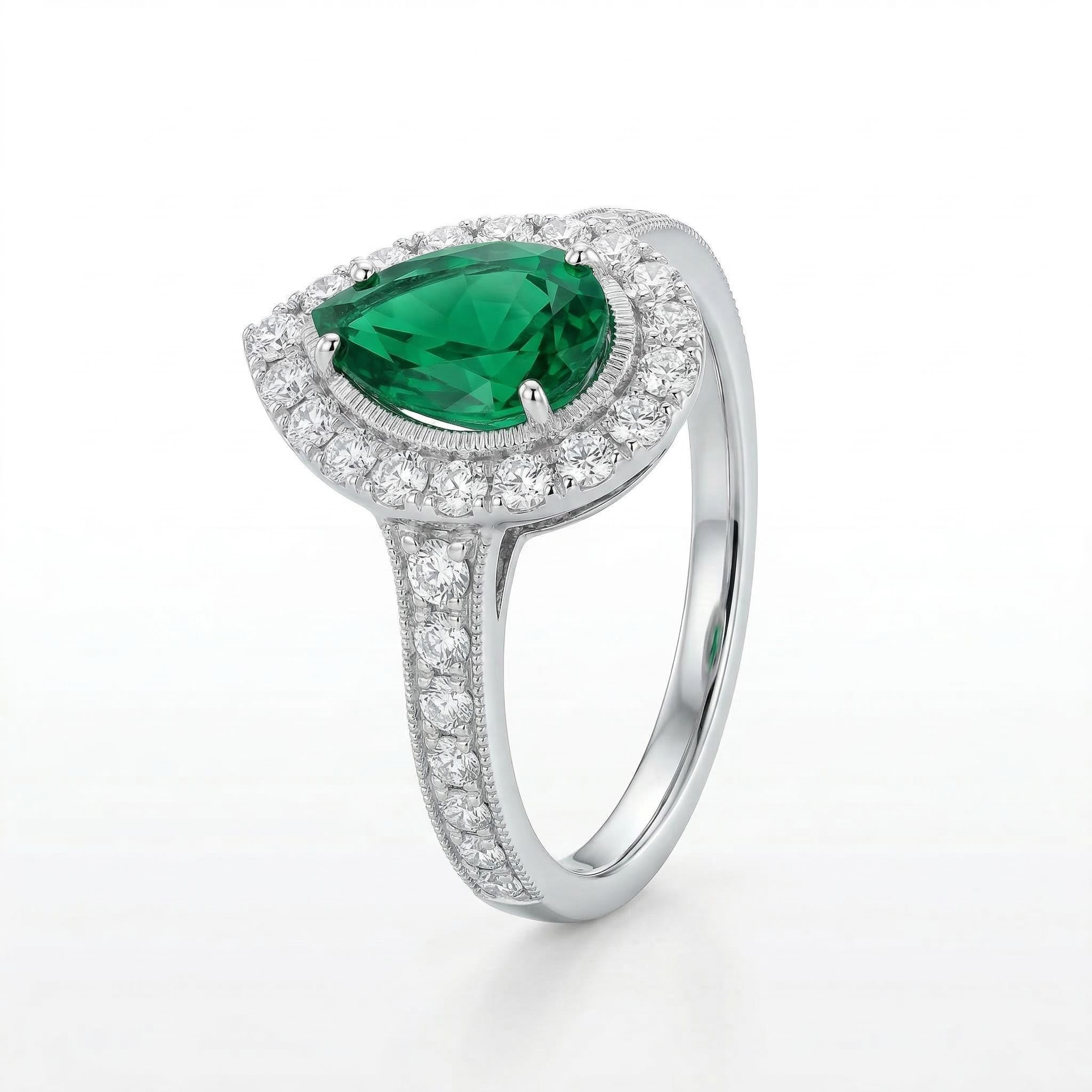 3.6ct. Tw. Vintage Halo Green Emerald Pear Cut S925 Silver Engagement Ring - Image 4