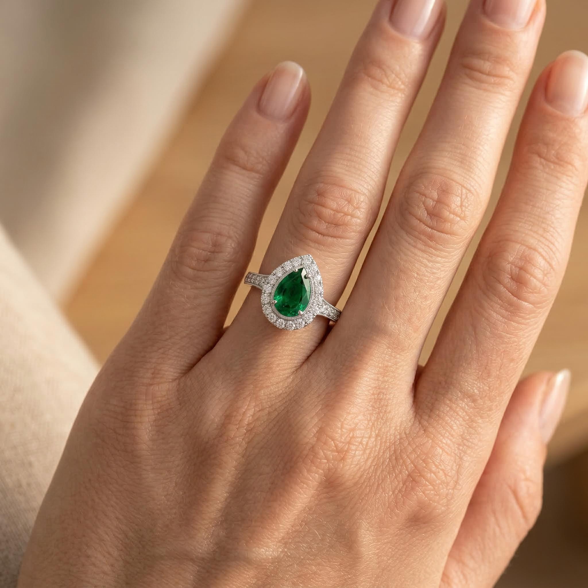 3.6ct. Tw. Vintage Halo Green Emerald Pear Cut S925 Silver Engagement Ring - Image 5