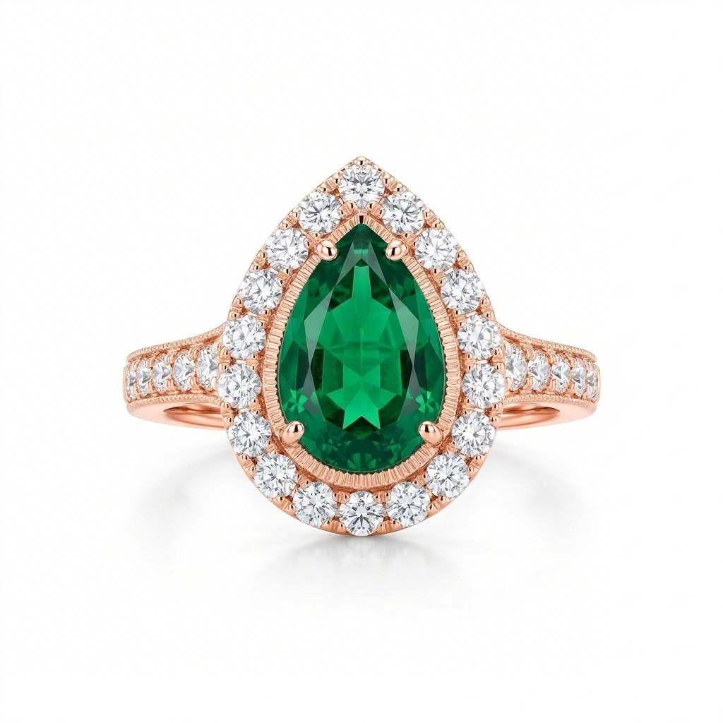 3.6ct. Tw. Vintage Halo Green Emerald Pear Cut S925 Silver Engagement Ring - Image 6