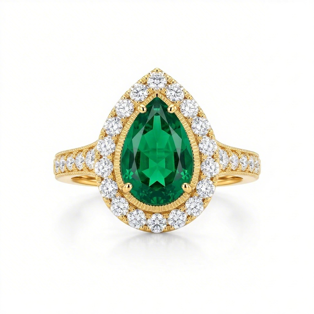 3.6ct. Tw. Vintage Halo Green Emerald Pear Cut S925 Silver Engagement Ring - Image 7