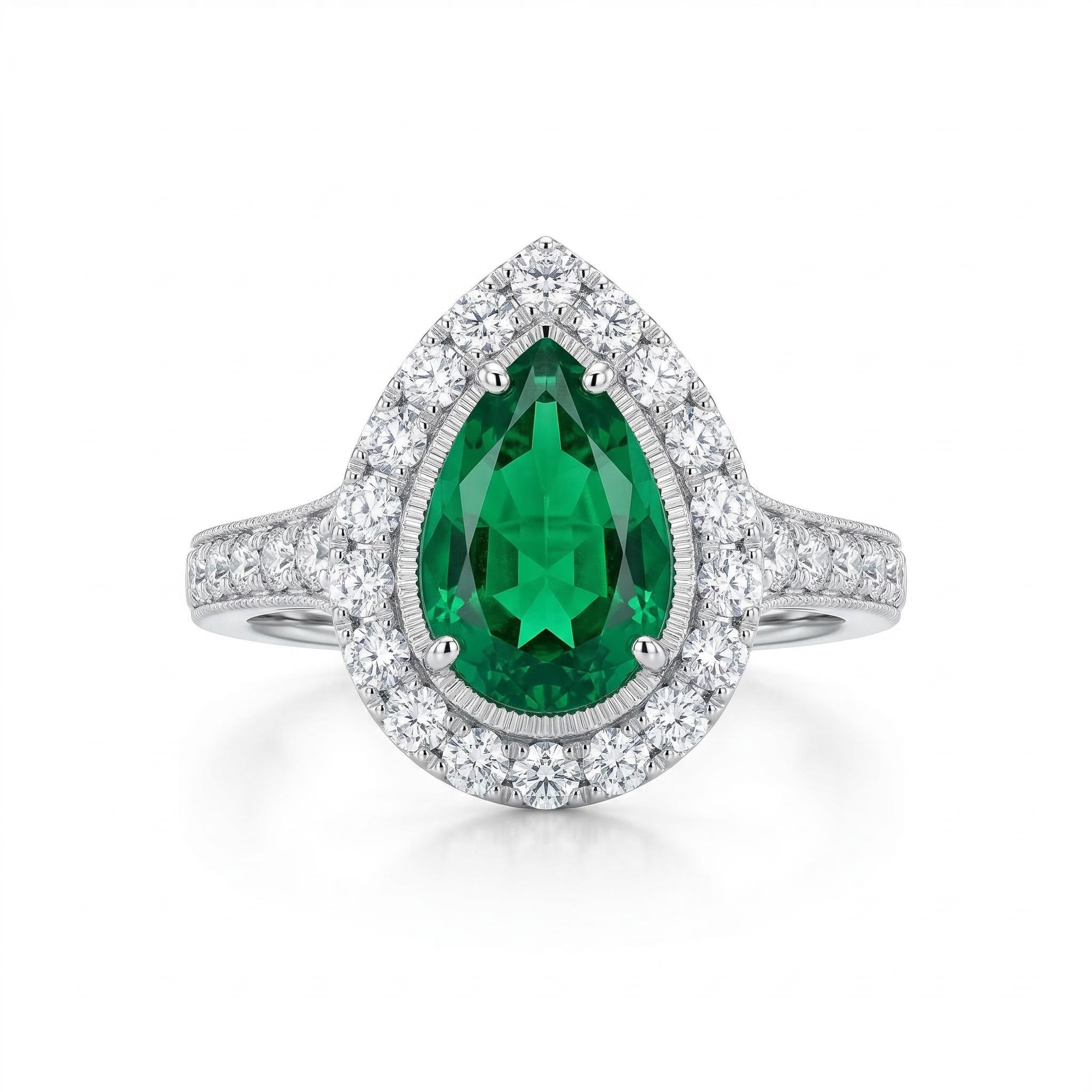 3.6ct. Tw. Vintage Halo Green Emerald Pear Cut S925 Silver Engagement Ring