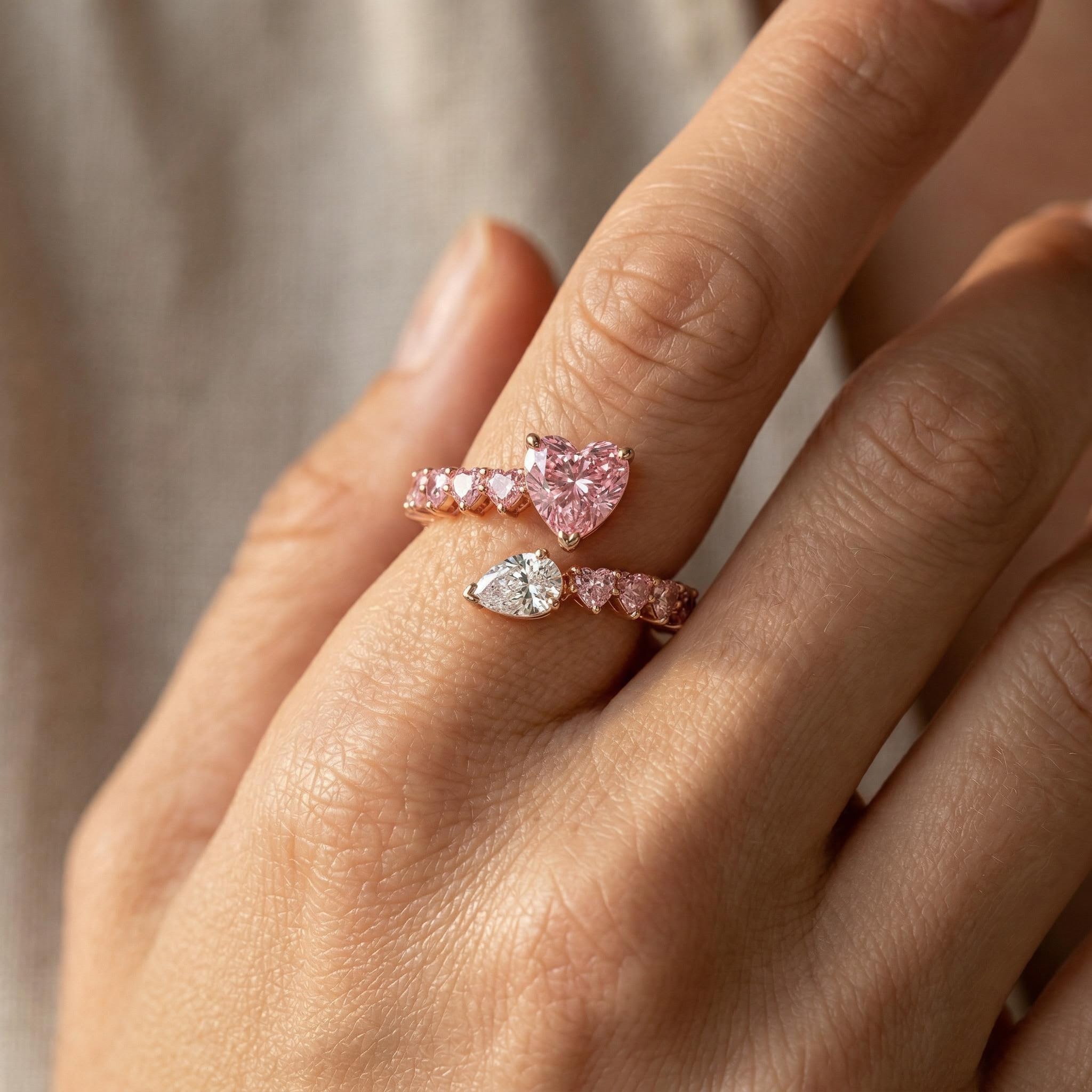 Bold 7.6 Ct.tw Pink Heart & White Pear Cut S925 Silver Engagement Ring - Image 3