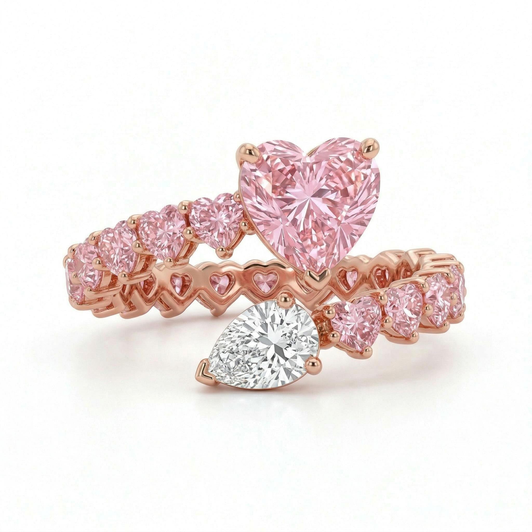 Bold 7.6 Ct.tw Pink Heart & White Pear Cut S925 Silver Engagement Ring - Image 4
