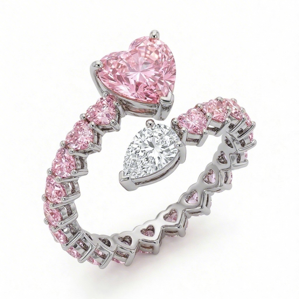 Bold 7.6 Ct.tw Pink Heart & White Pear Cut S925 Silver Engagement Ring - Image 5