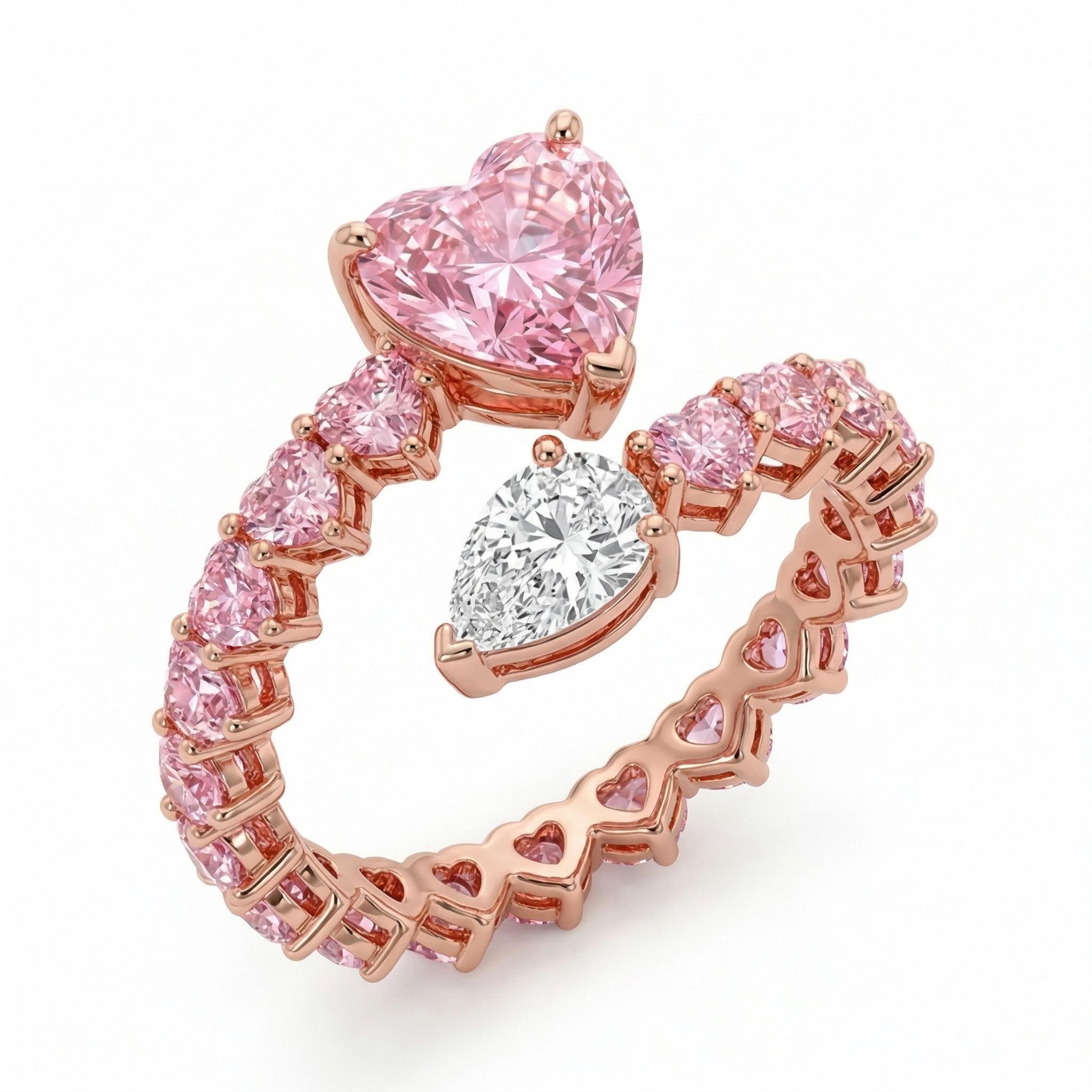 Bold 7.6 Ct.tw Pink Heart & White Pear Cut S925 Silver Engagement Ring