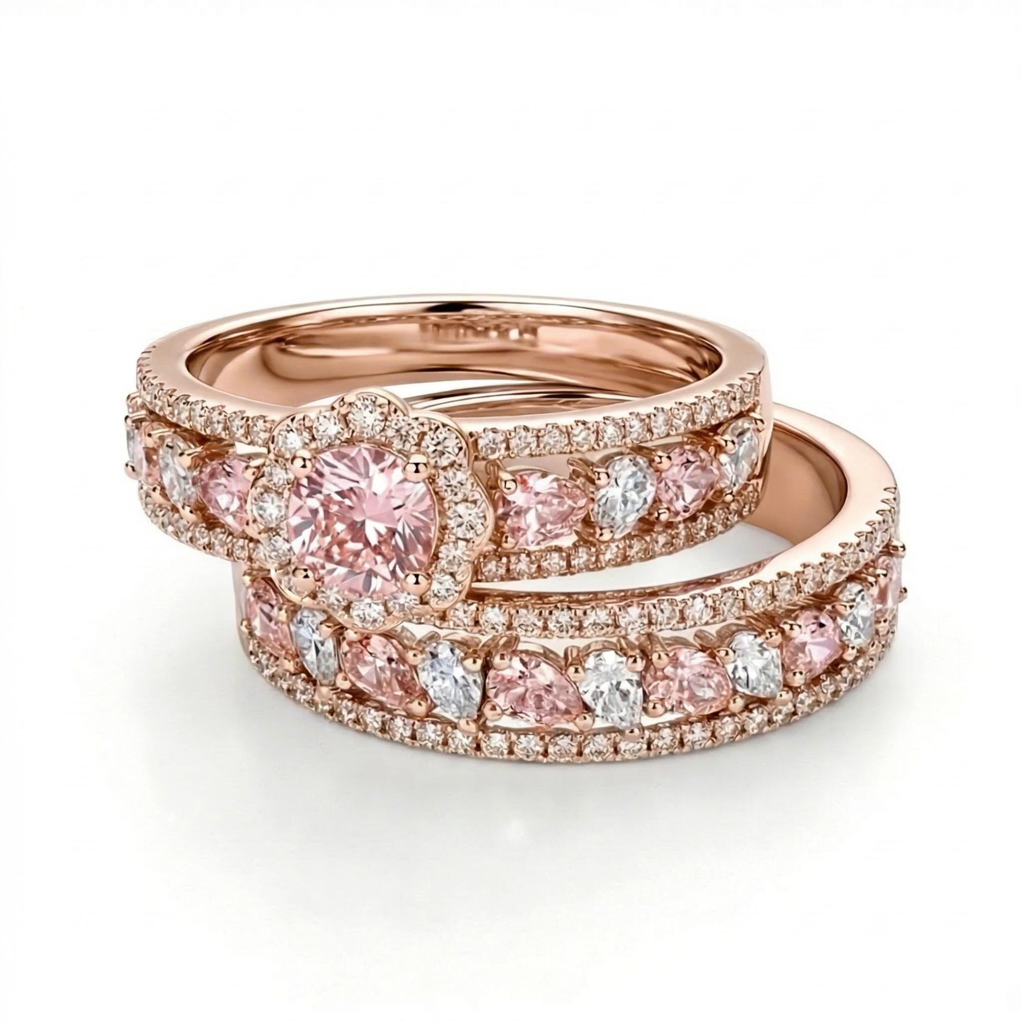 6.5 Ct.tw Floral Pink&white Round Cut+pear Cut S925 Silver Wedding Ring Set - Image 3