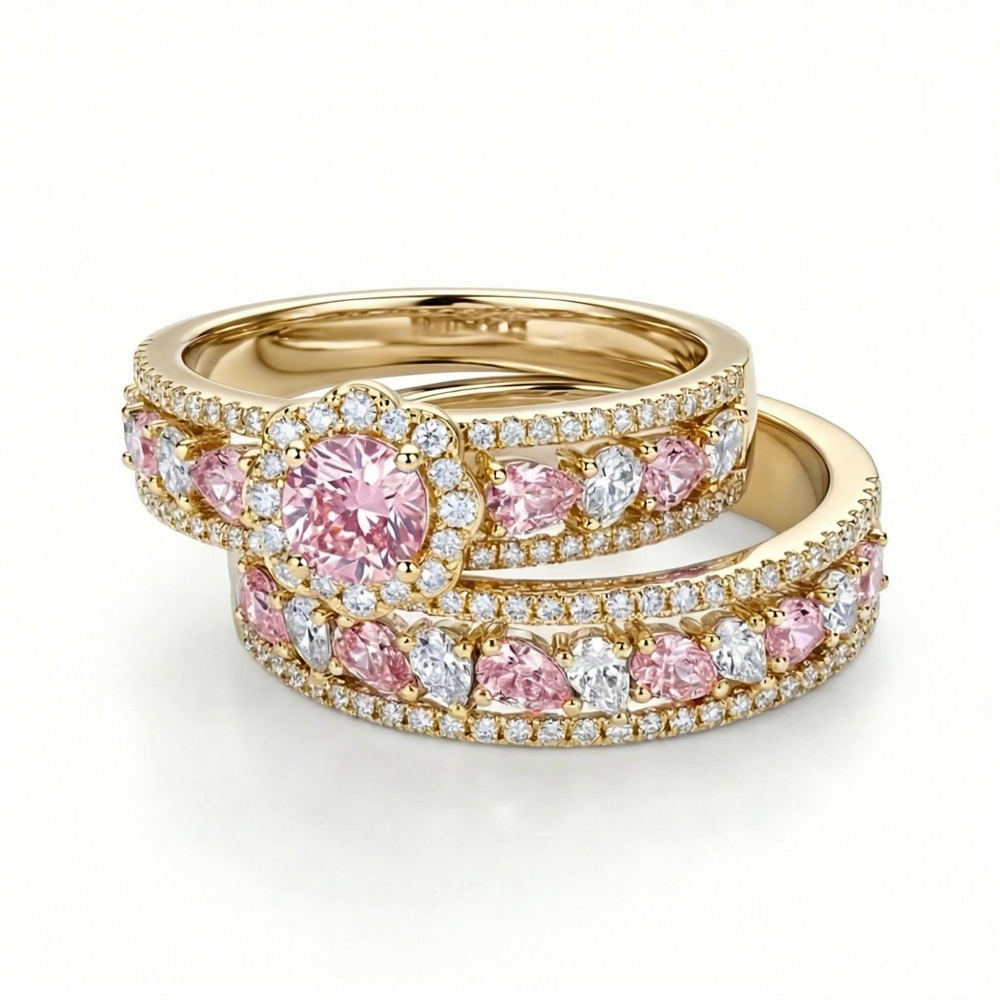 6.5 Ct.tw Floral Pink&white Round Cut+pear Cut S925 Silver Wedding Ring Set - Image 4