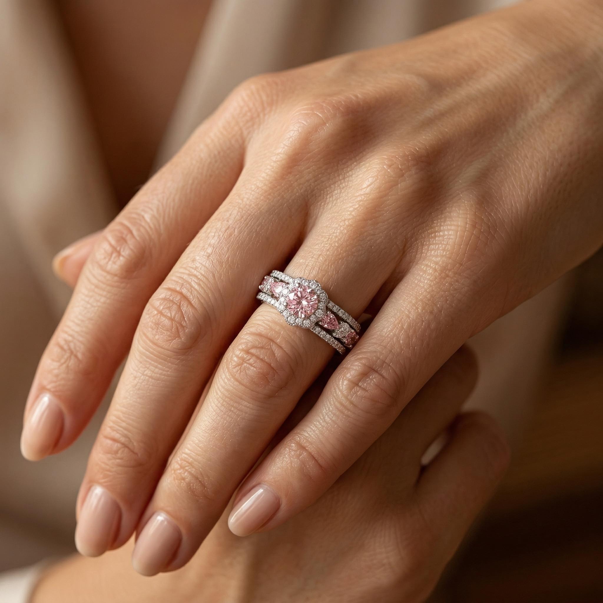 6.5 Ct.tw Floral Pink&white Round Cut+pear Cut S925 Silver Wedding Ring Set - Image 5