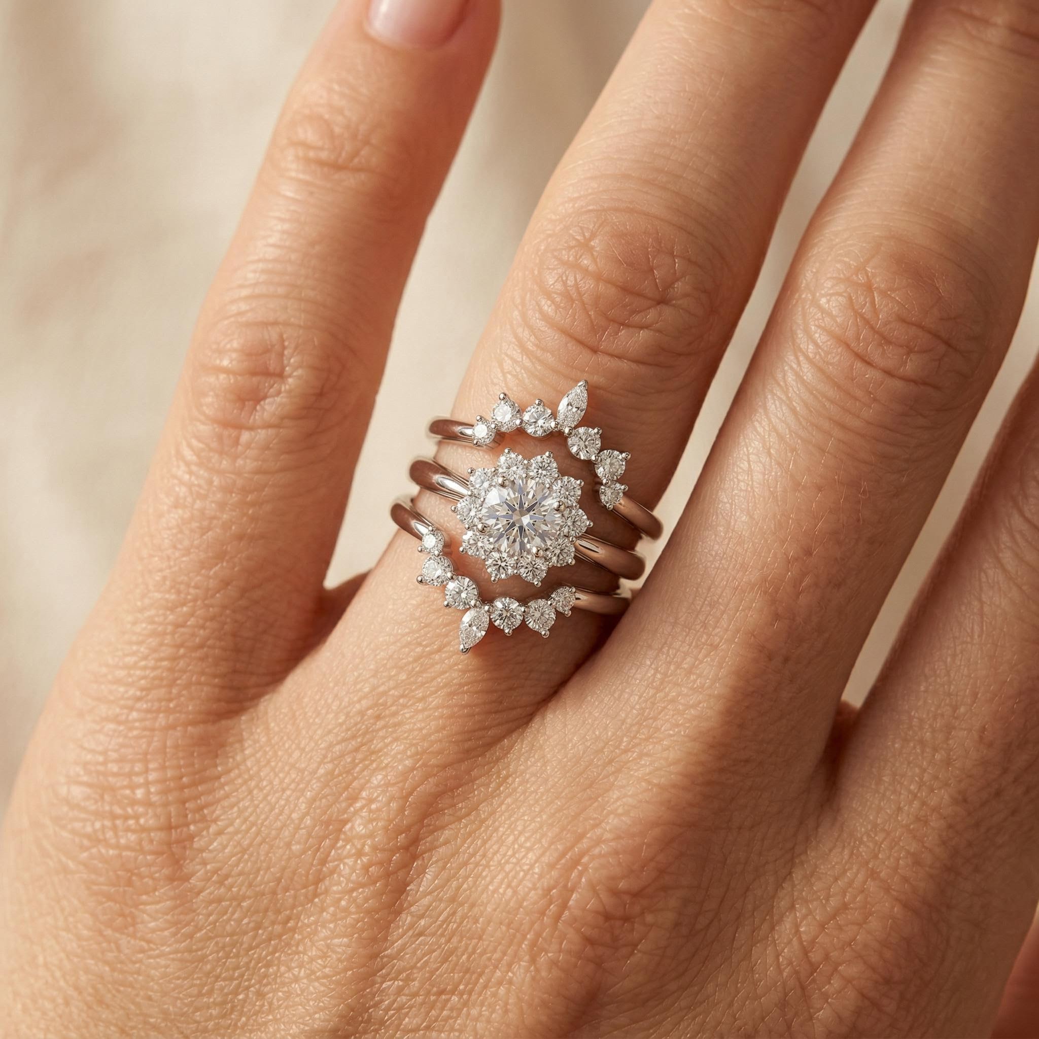 Bold 3.5 Ct.tw Cluster Flower Round Cut S925 Silver 3 Piece Bridal Ring Set - Image 3